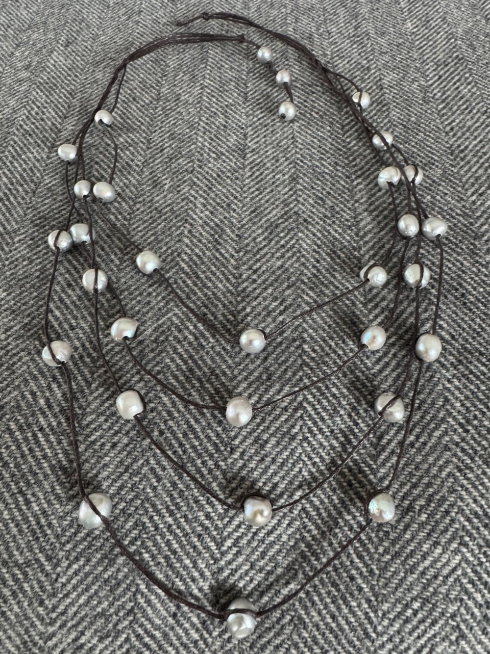 ROOST, MULTI STRAND, GRAY RIVER PEARL NECKLACE, WITH LAYERED PEARL LOOP CLOSURE